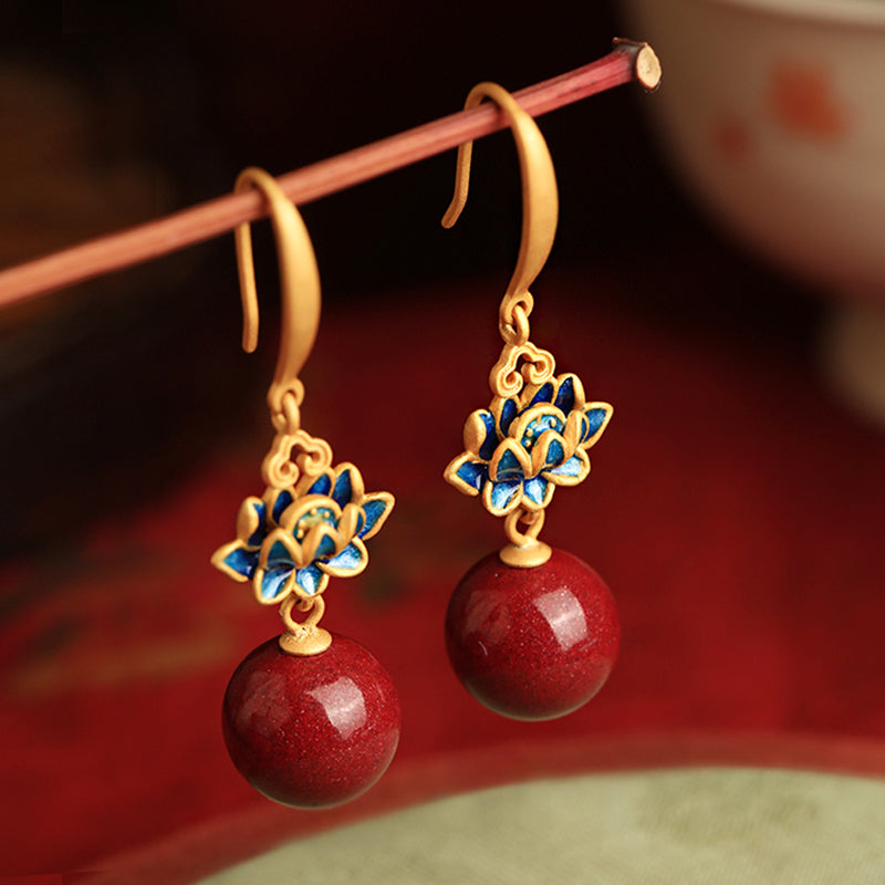 Wholesale Cinnabar Lotus New Chinese Retro Blue Enamel Earrings