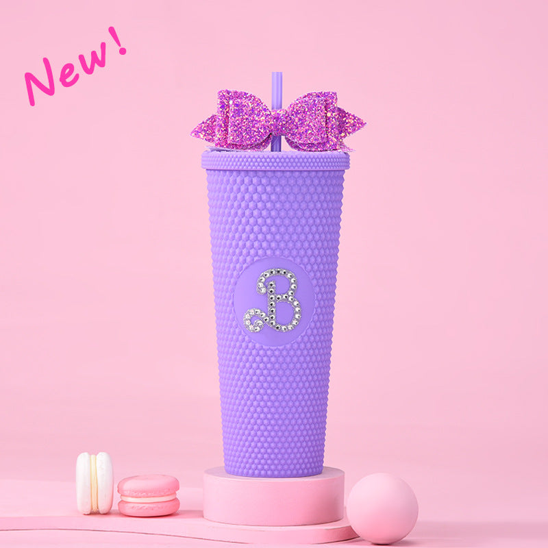 Wholesale Double-layer Plastic 710ml Large Capacity Straw Cup with Glitter Bow Tie Hand Cup Durian Cup