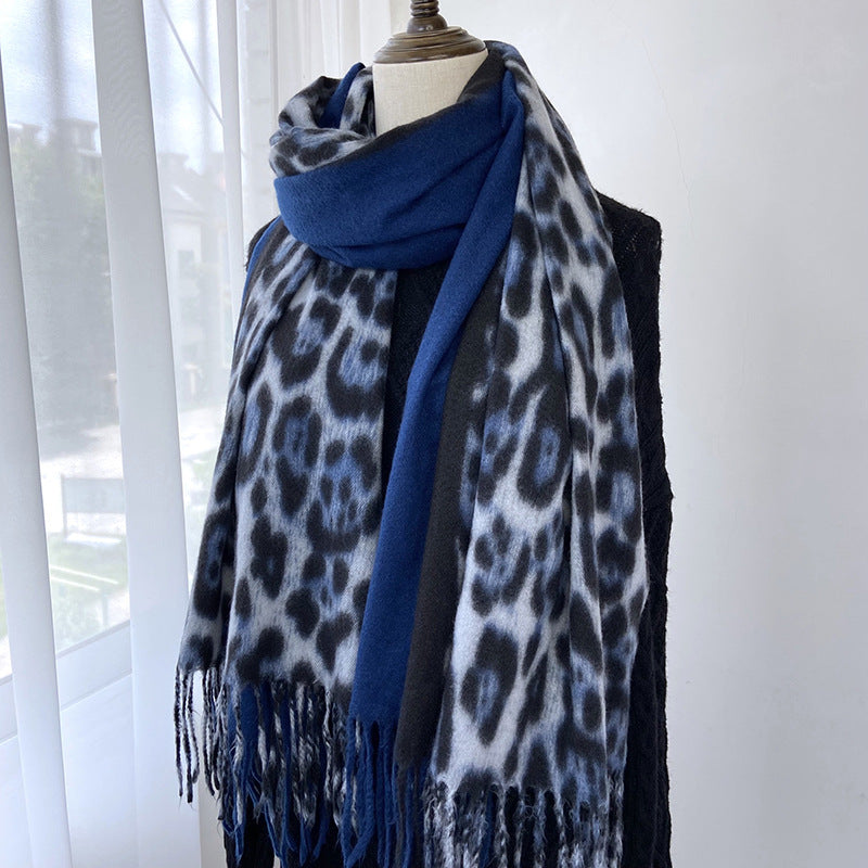 Wholesale Autumn and Winter Leopard Print Color Block Printed Tassel Imitation Cashmere Scarf