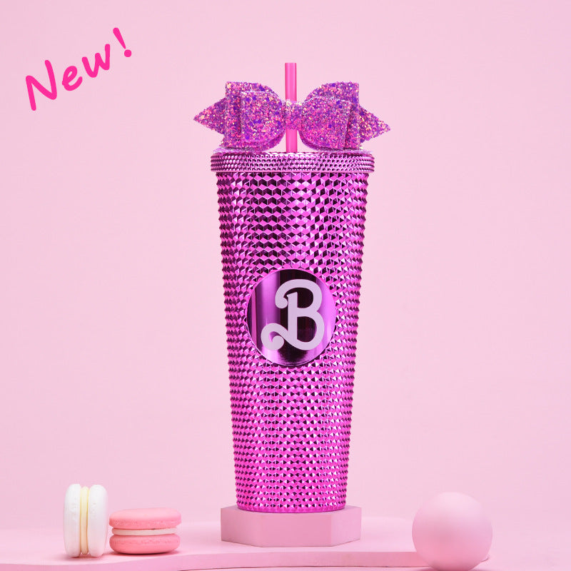 Wholesale Double-layer Plastic 710ml Large Capacity Straw Cup with Glitter Bow Tie Hand Cup Durian Cup