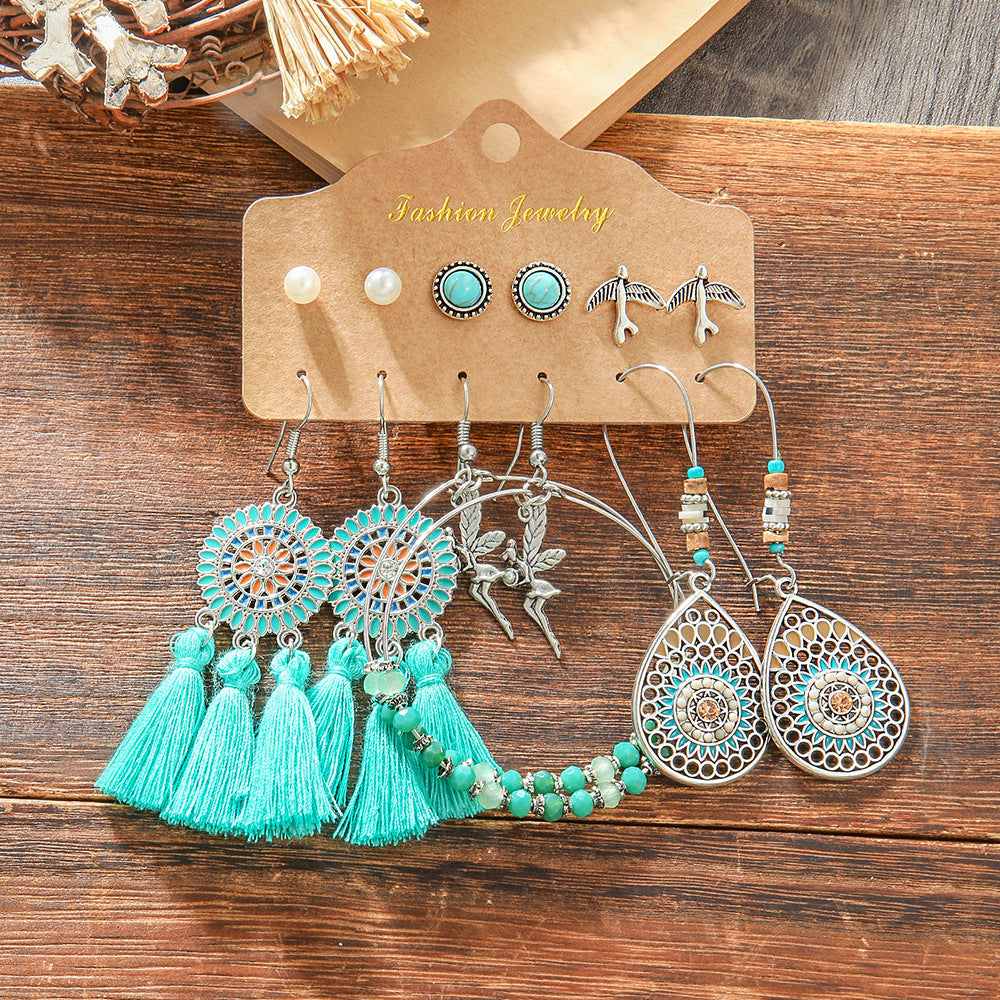 Wholesale Trendy Bohemian Retro Earring Set Silver Tone Turquoise Zinc Alloy With Ethnic Bird Motif Fashion Accessory For Gift And Resale