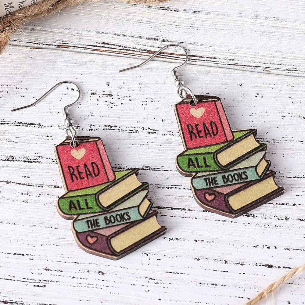 Wholesale 3D Love Textbook Double Sided Painted Wooden Earrings