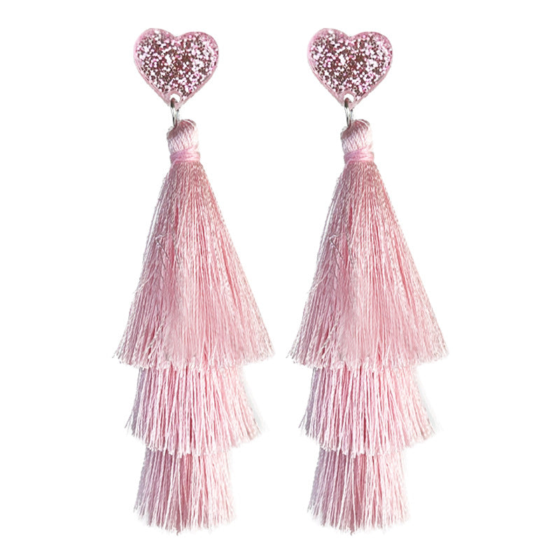 Wholesale   2pairs/pack Valentine' s Day Pink Multi-Layer Shiny Love Tassel  Earrings