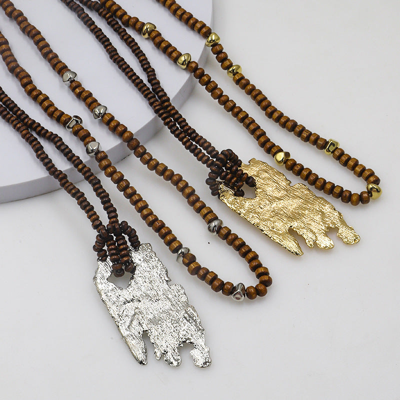 Wholesale Irregular Simple Pendant Necklaces with Wood Beads Double Layer Long Necklaces