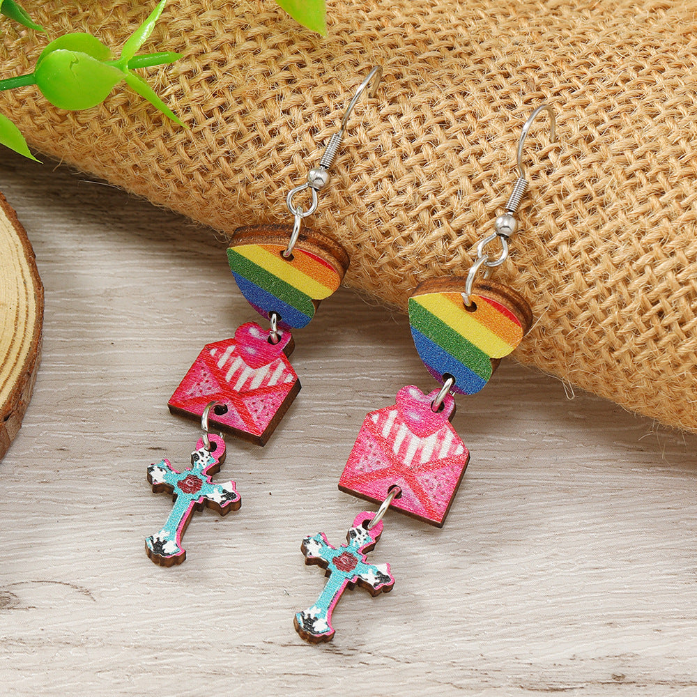 Wholesale Valentine's Day Colorful Printed Love Cross Pendant Wooden Earrings