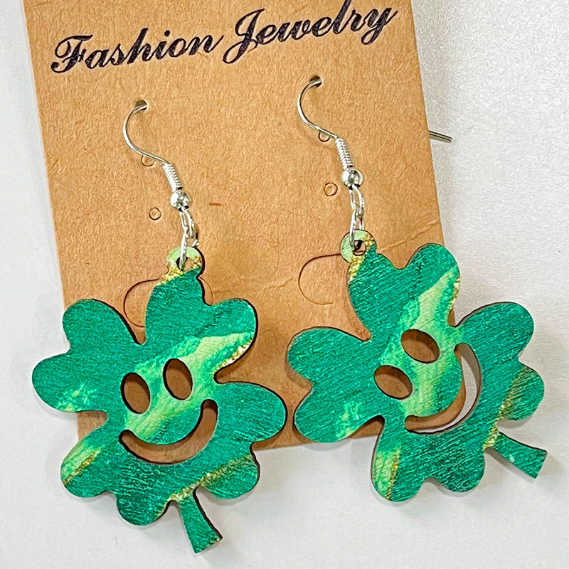 Wholesale St. Patrick's festival green March jewelry wooden simple hollow earrings