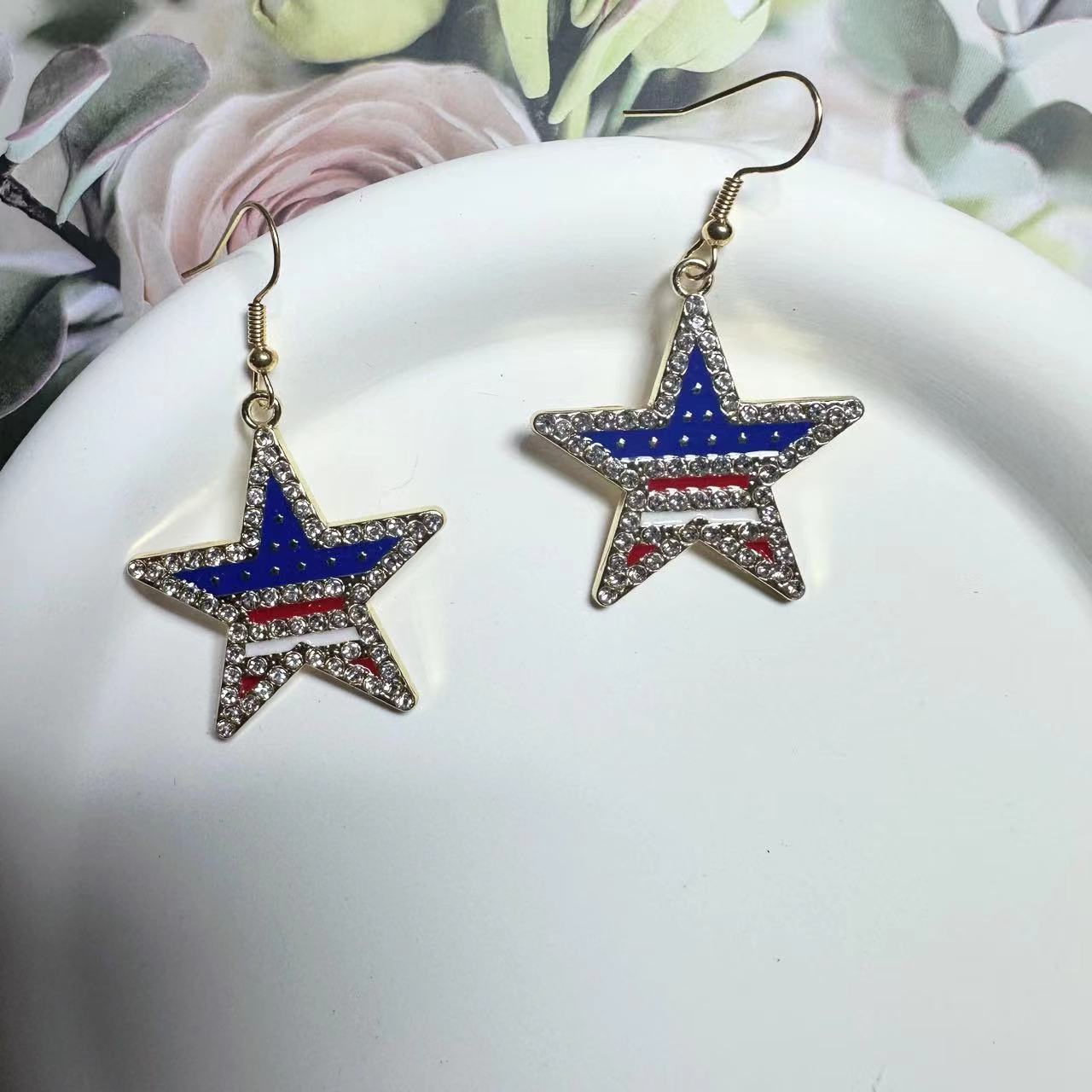Wholesale American Independence Day Flag Five Pointed Star Diamond Alloy Necklace