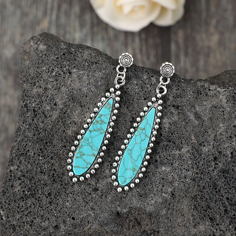 Wholesale Bohemian Retro Style Long Exaggerated Inlaid Turquoise Alloy Earrings