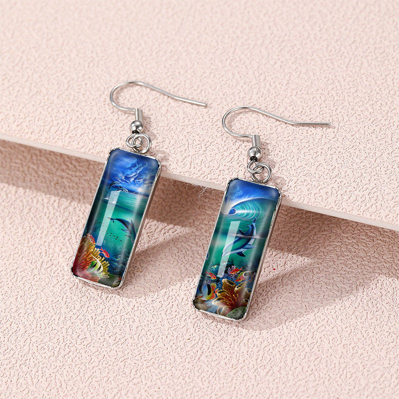 Wholesale Dolphin Time Gemstone Rectangular Glass Earrings