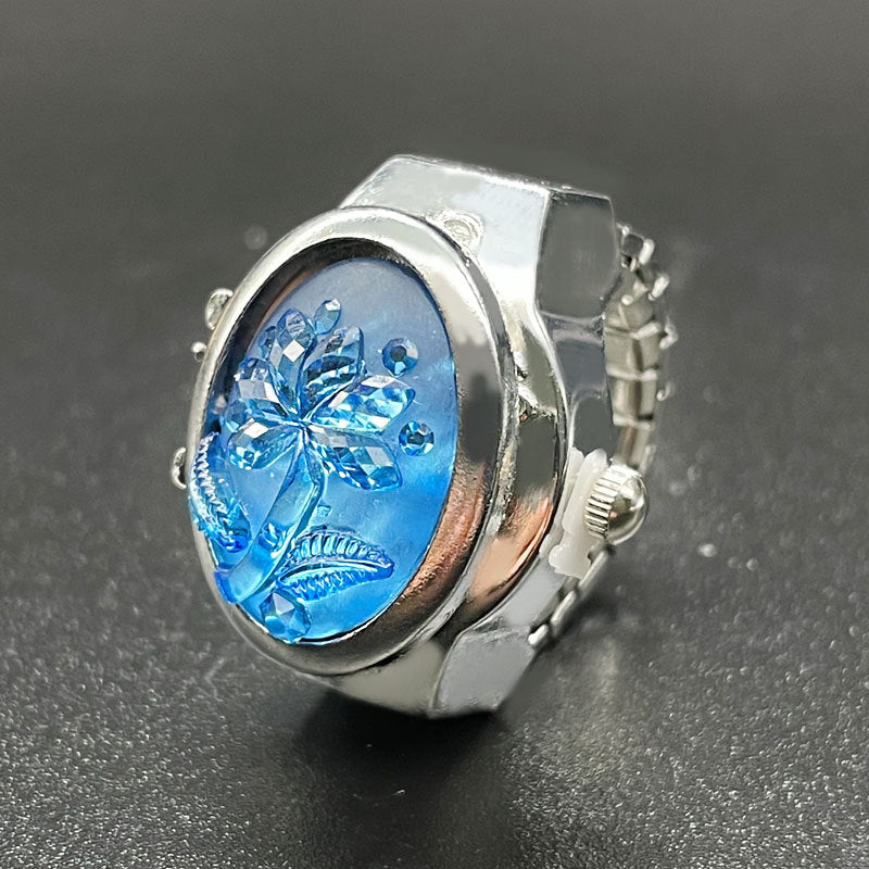 Wholesale [Ring watch] flip Gem Flower temperament personality ladies student creative ring Watch