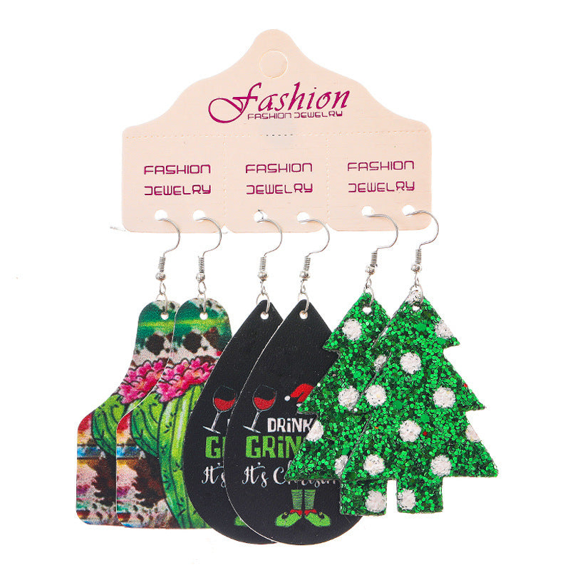 Wholesale 2 Sets Christmas Set Bull Head Cactus Sunflower Horseshoe Water Drop PU Leather Earrings