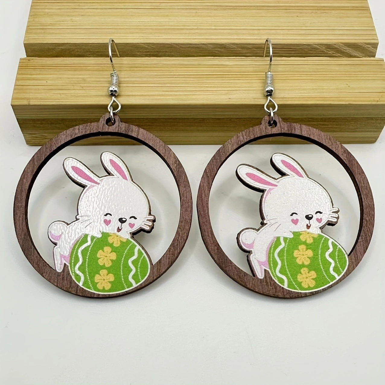 Wholesale Easter Flower Basket Rabbit Printed Easter Egg Earrings