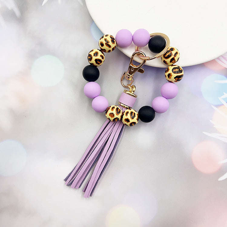 Wholesale Leopard Print Wood Beads Silicone Beaded Bracelet Tassel Key Ring