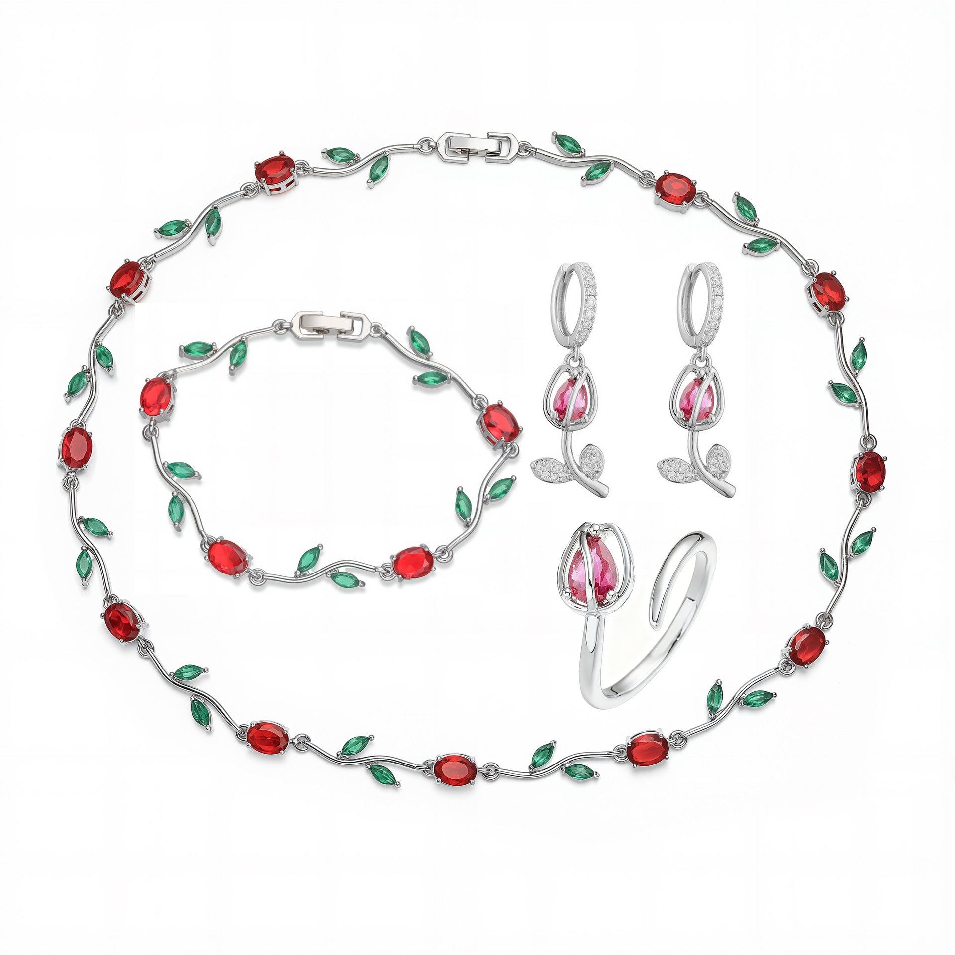 Wholesale Copper Inlaid with Colored Diamonds Leaves and Petals Bracelet