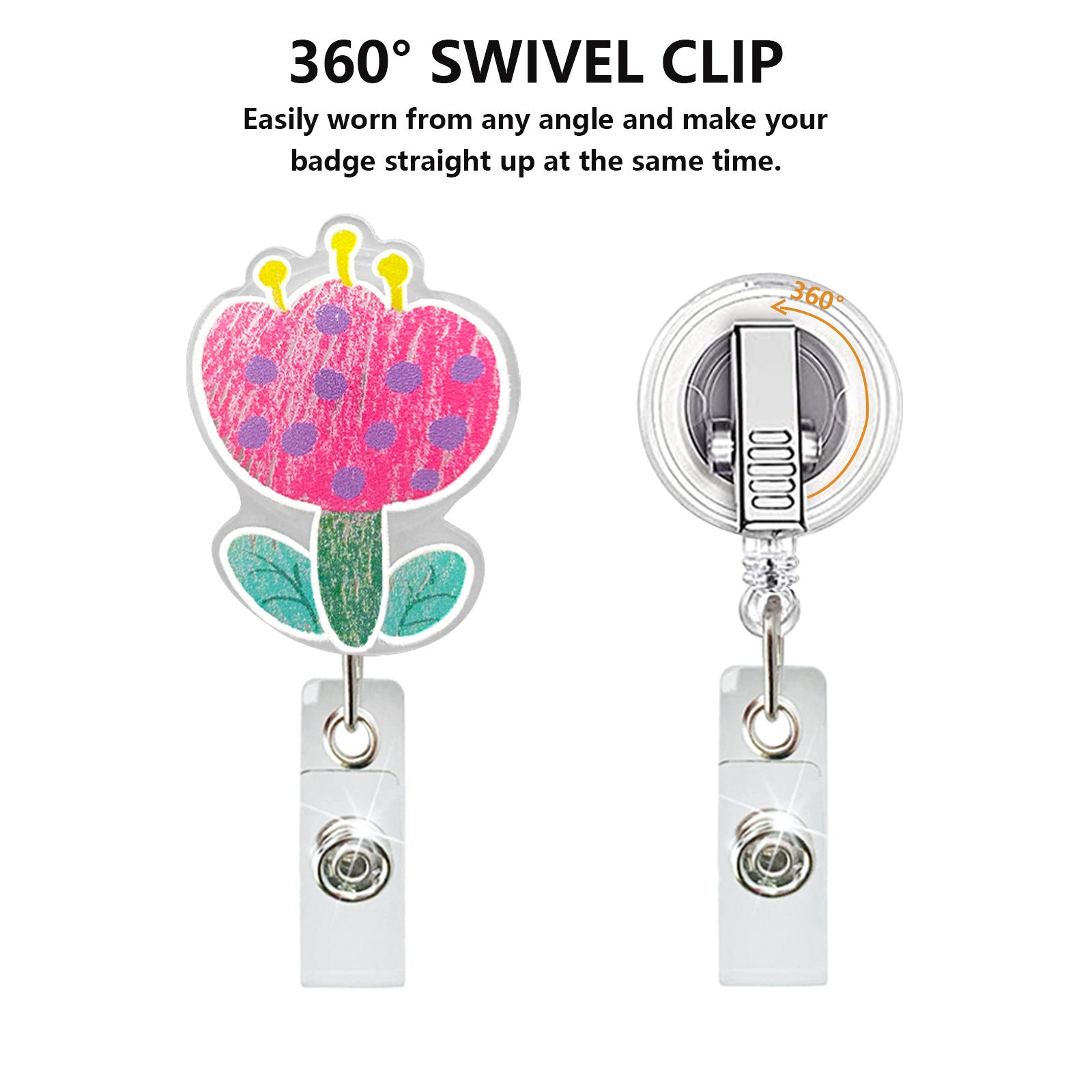 Wholesale Painted flower medical acrylic rotating retractable badge roll keychain