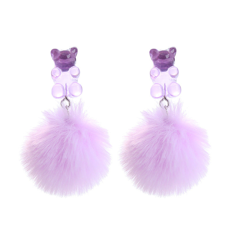 Wholesale Bear Candy Color Fur Ball Earrings