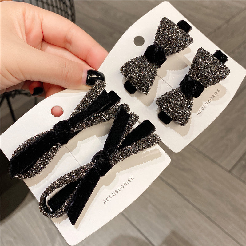 Wholesale Black Velvet Small Bow Rhinestone Hair Clips