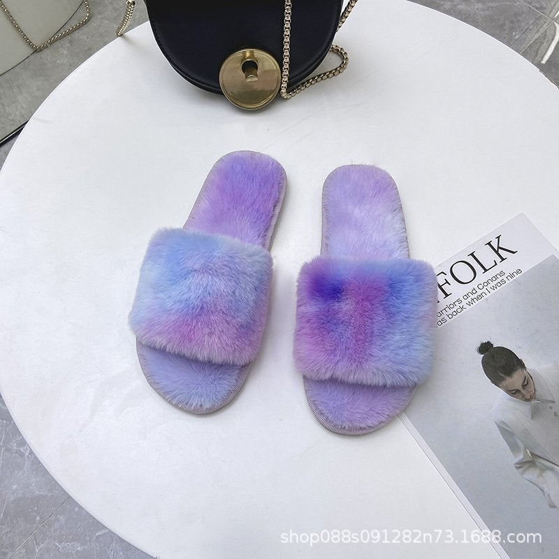 Wholesale Rubber Plush One Word Thin Sole Flat Heel Slippers