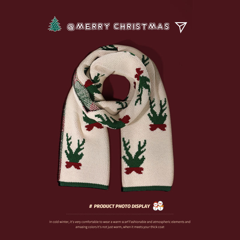 Wholesale Red Knitted Winter Deer Christmas Warm Woolen Scarves