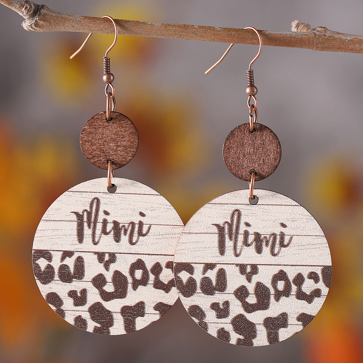 Wholesale Mother' s Day Leopard Round Pieces ing Pendant Wooden Earrings