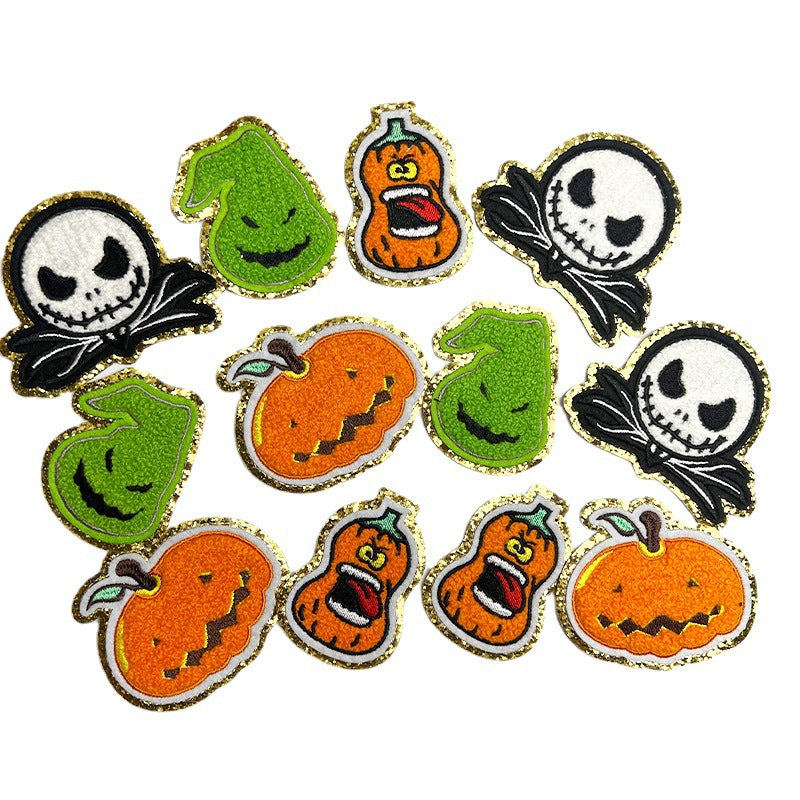 Wholesale  Glitter Embroidered Patches With Skull Pumpkin Ghost Motif Heat Seal For Coat Trendy Craft Gift DIY