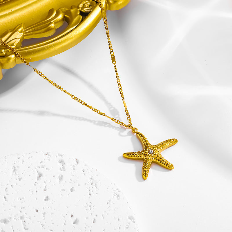 Wholesale Summer Little Starfish Diamond-Studded Necklace and Earrings Titanium Steel Jewelry Set