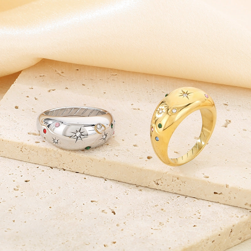 Wholesale Sweet Personality Single Row Diamond Fashion Temperament Colorful Eight-pointed Star Stainless Steel Rings