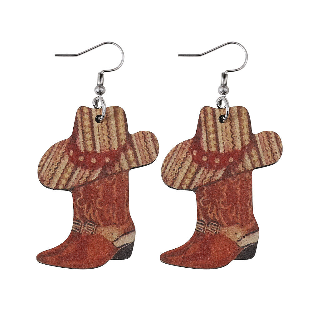 Wholesale Western Cowboy Boots Hat Wooden Earrings