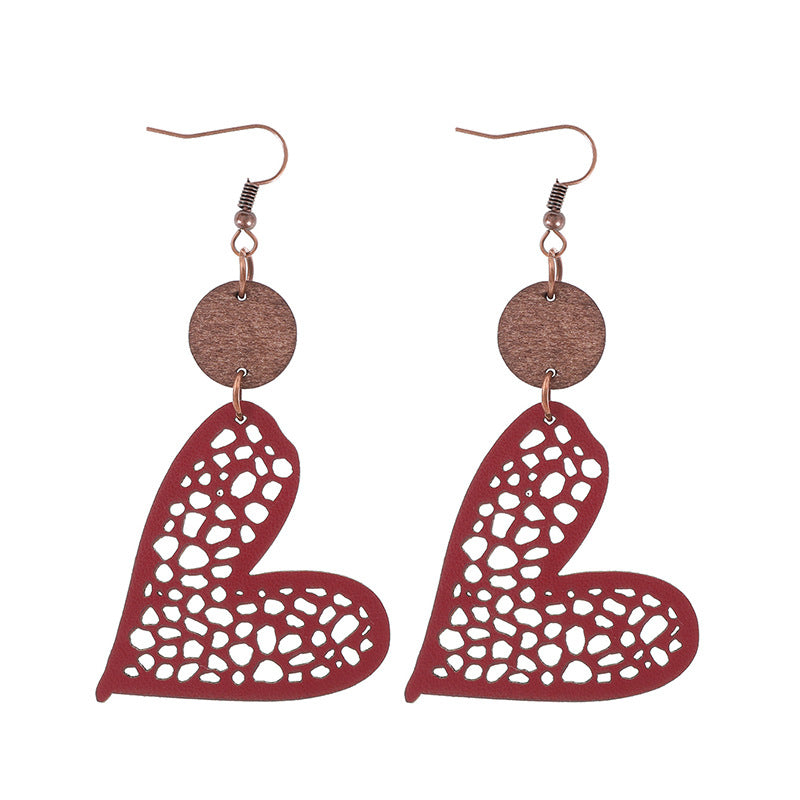 Wholesale Valentine's Day Love Wood Chip Hollow Mesh Leather Earrings
