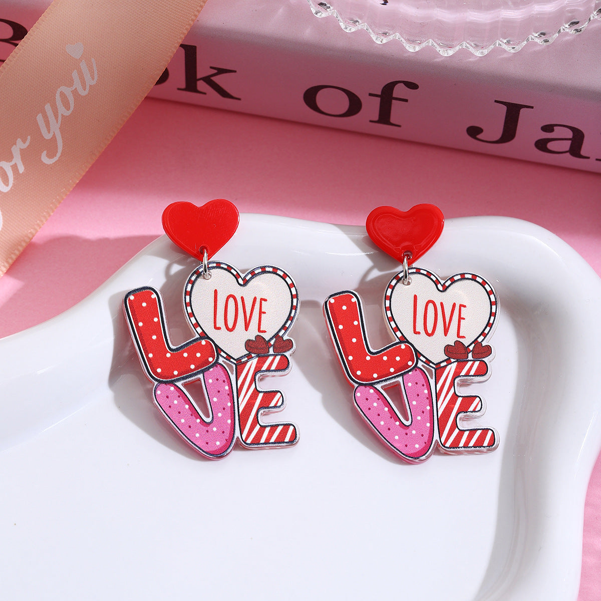 Wholesale Valentine' s Day Pink Love Acrylic Earrings