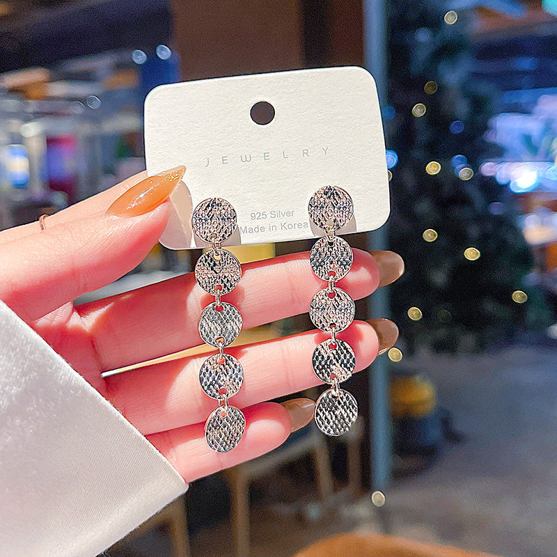 Wholesale 925 Silver Needle Round Plate Ultra Sparkling Long Alloy Earrings