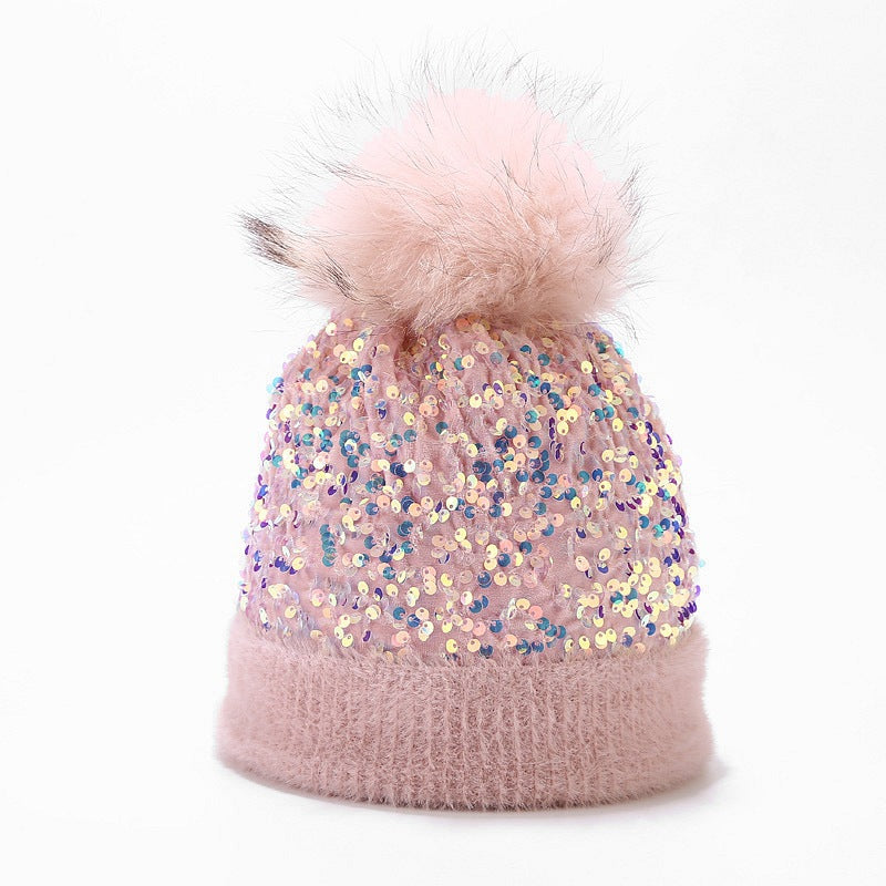 Wholesale Dyed Raccoon Fur Ball Sequin Warm Knitted Hat