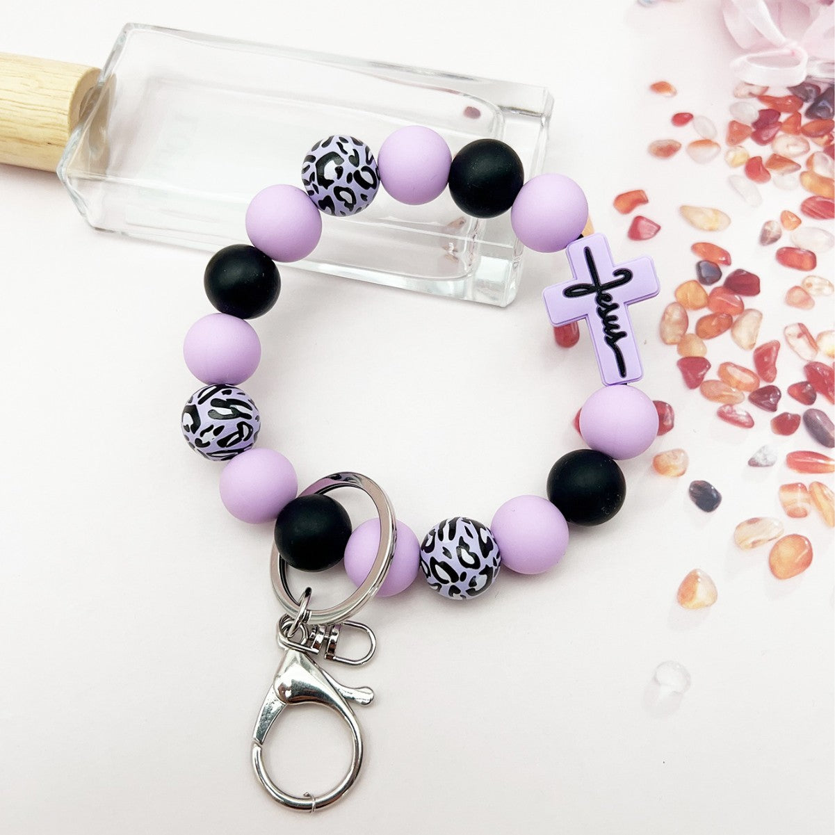 Wholesale Cross Silicone Leopard Beaded Wrist Keychain Bag Austrian Pendant