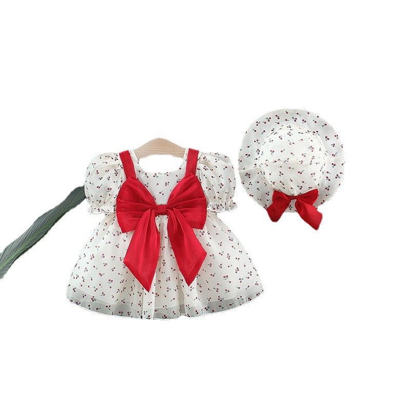 Wholesale Summer Baby Girl Cherry Princess Dress With Bubble Sleeves And Bow Includes Sun Hat Chic Toddler Boutique Resale