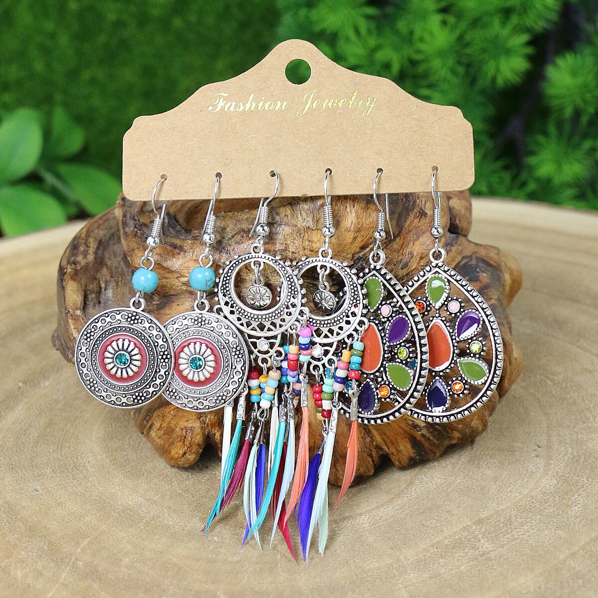 Wholesale Vintage Water Drop Oil Rice Beads Feather Set Earrings