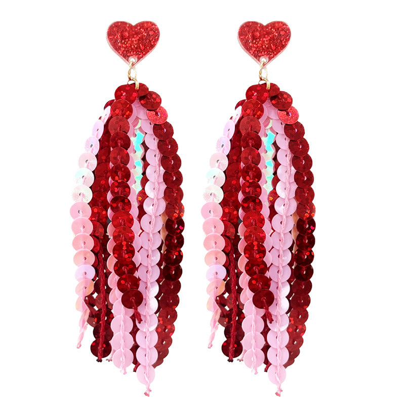 Wholesale 2pcs Valentine's Day Glitter Pink Atmosphere Love Shiny Tassel Temperament Color Matching Fashion Earrings