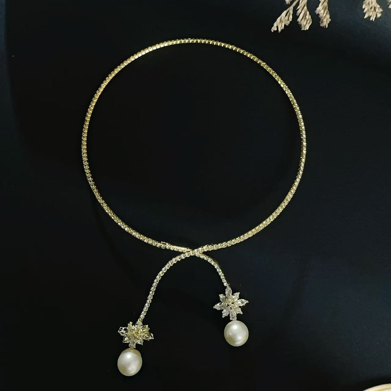 Wholesale Open diamond inlaid pearl collar choker necklace