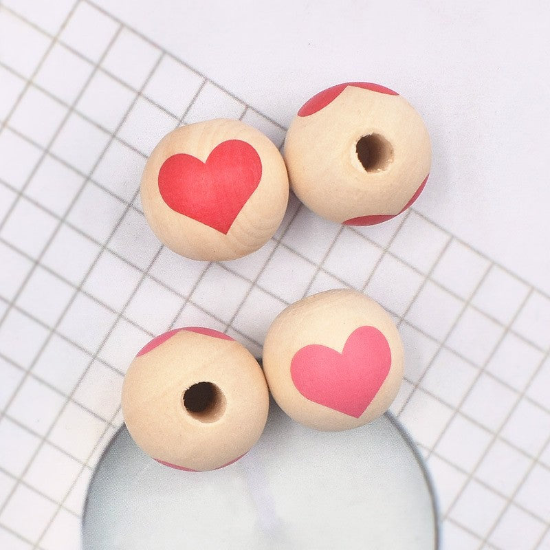 Wholesale  10pcs Valentine' s Day Series Wooden Printed Peach Heart Beads  Wood Beads