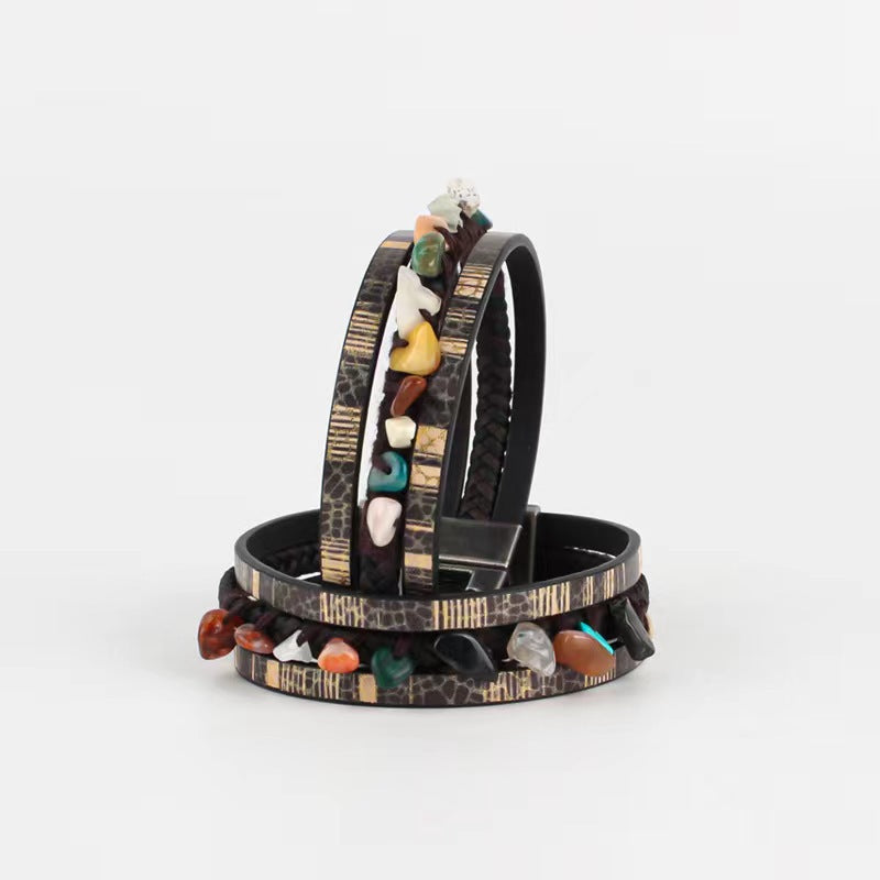 Wholesale Hand-woven natural stone multi-layered leather bracelet