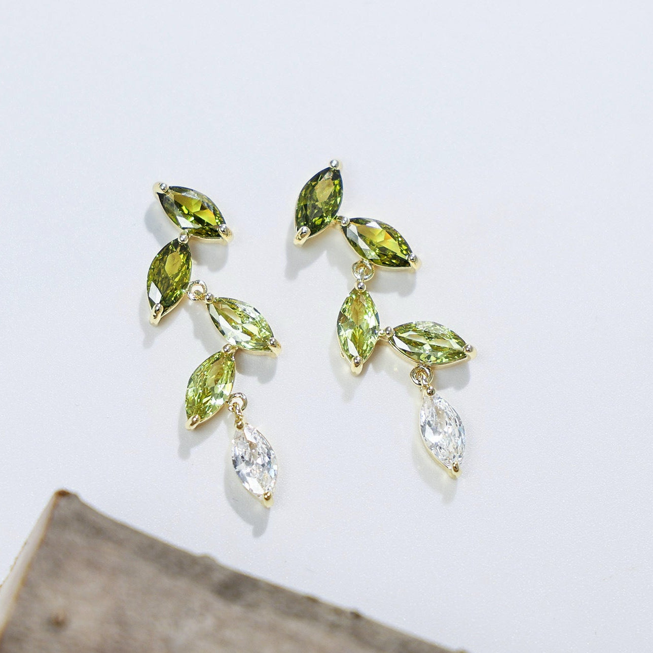 Wholesale Olive Green Gradient Zircon Leaf Earrings
