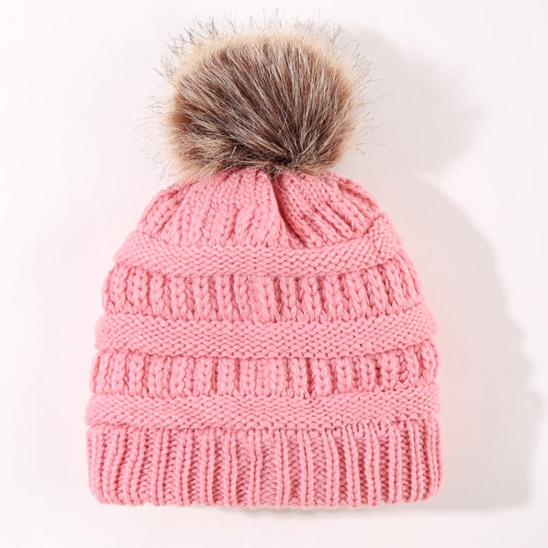 Wholesale woven floral adult woolen hat for women solid color woolen ball knitted hat