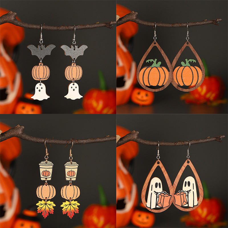 Wholesale Wooden  Earrings Pumpkin Maple Leaf Ghost Cat Hollow Drop Design Electroplated Chic Fashion Jewelry Accessory For Women