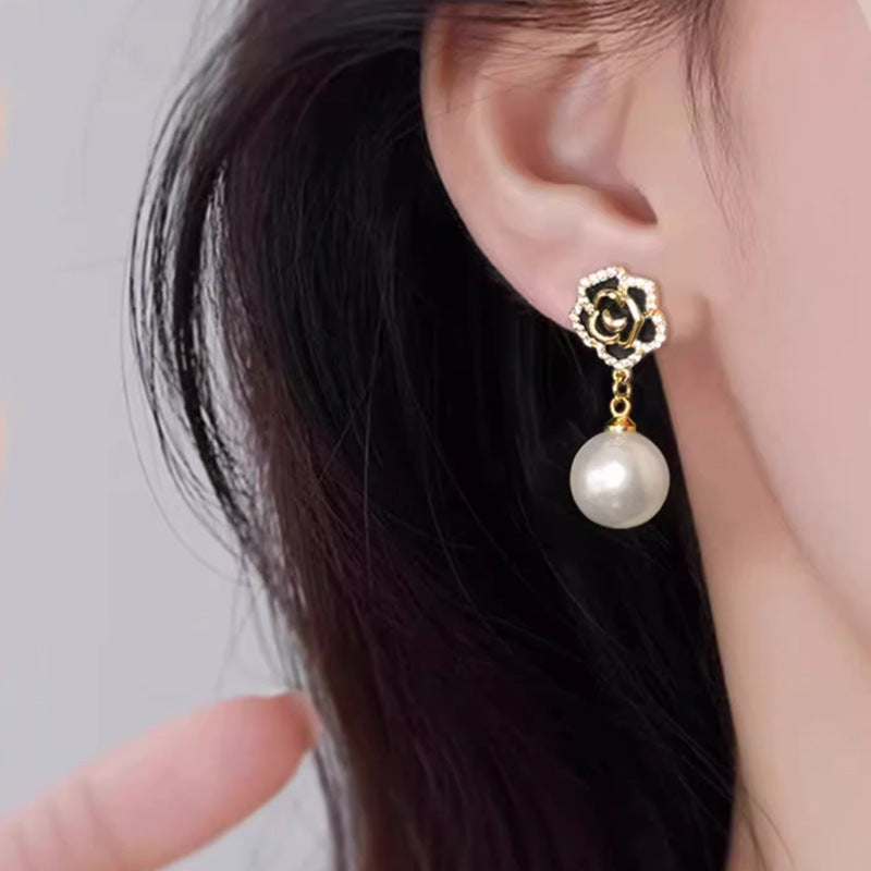 Wholesale Red rose pearl earrings silver needle long earrings