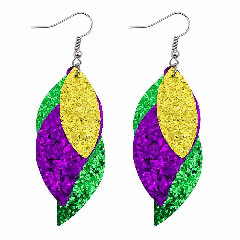 Wholesale Carnival Triple Leather Shiny Leaf Shape Bohemian Carnival Earrings
