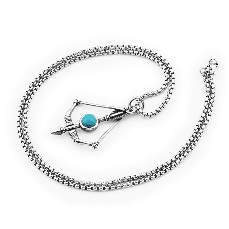 Wholesale Titanium Steel Turquoise Bow And Arrow Pendant Necklace Unisex Hip Hop Fashion Jewelry Gift