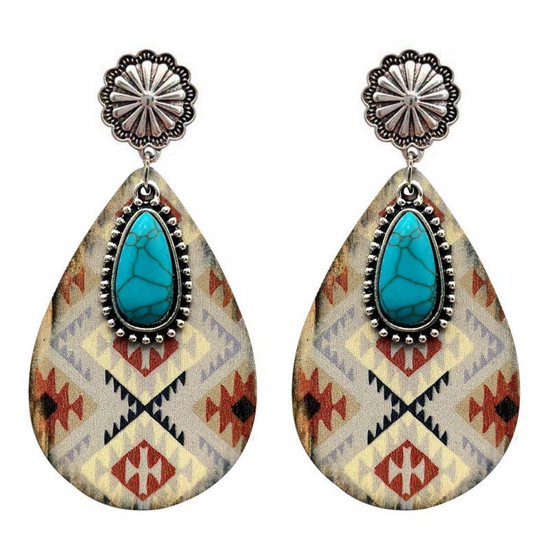 Wholesale Ethnic Turquoise Western Style Aztec Leather Drop Earrings