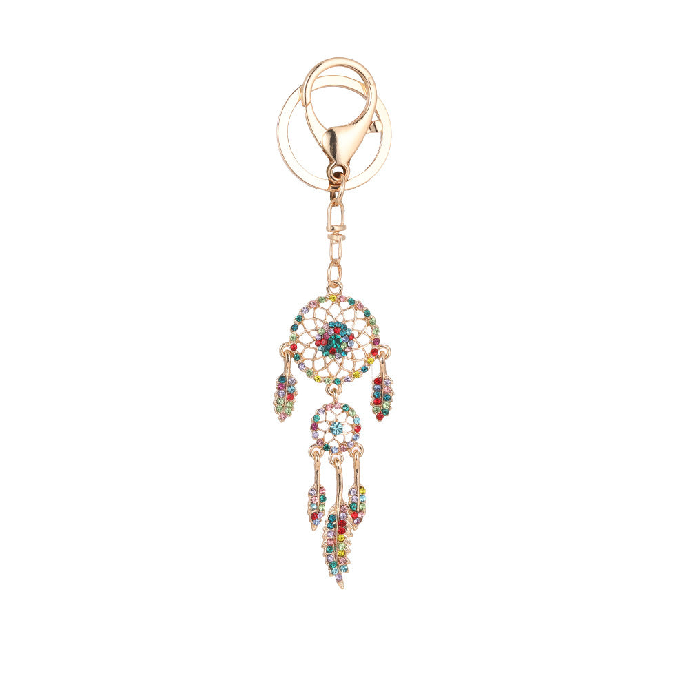 Wholesale Rose gold rhinestone tassel feather dreamcatcher design keychain