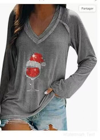 Wholesale Valentine's Day Long Sleeve Women's Long Sleeve Cup Printing Long Sleeve V-neck T-shirt