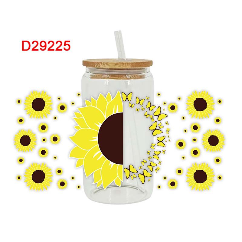 Wholesale Yellow Sunflower Butterfly 16oz Cup UV DTF Wraps