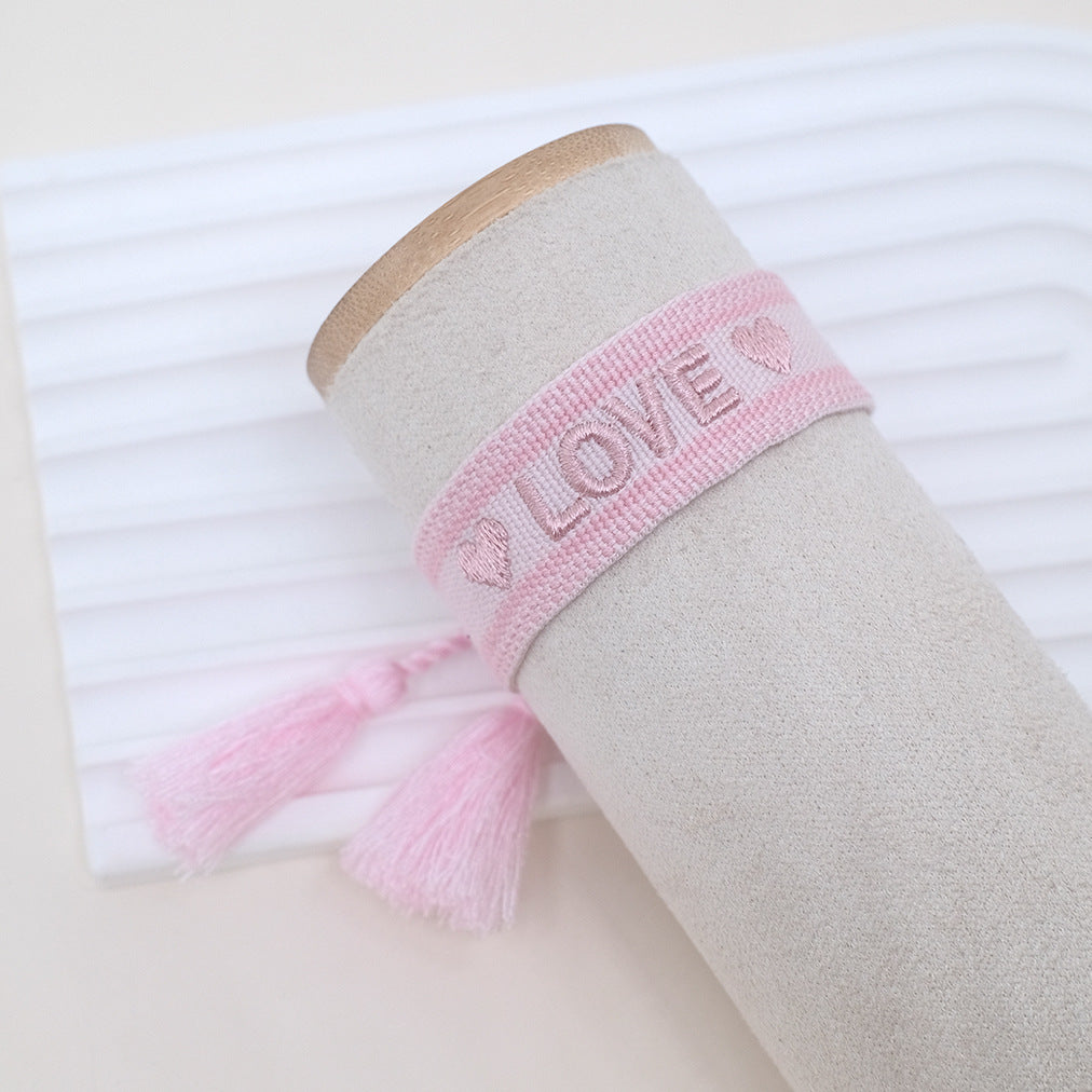 Wholesale Cord Embroiderable Logo Ethnic Style Letter Woven Tassel Bracelet